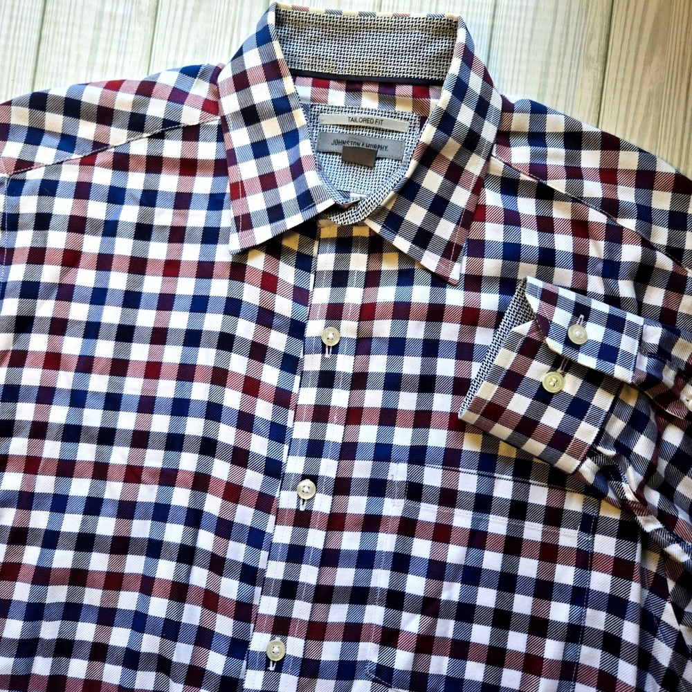 Johnston &‎ Murphy Button Down Shirt Medium Tailored Fit Check Plaid Flannel